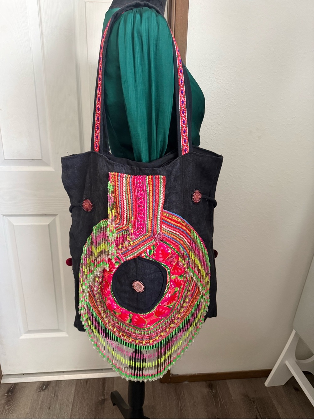 Vintage Handmade Hmong Beaded Fringe Tote Bag Embroidered Boho Ethnic Large - Picture 2 of 8